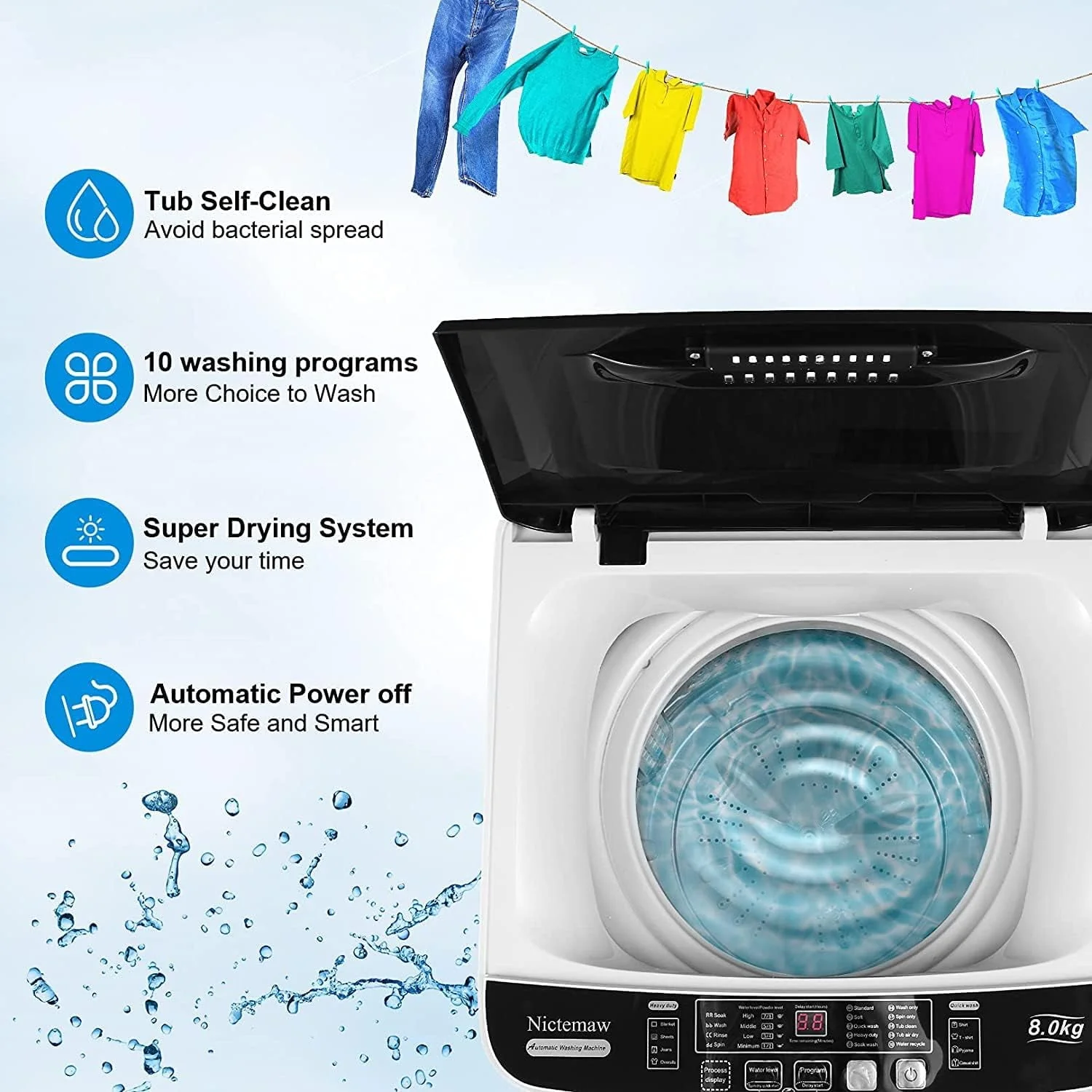 Qhomic Portable Washing Machine, 17.8lbs Large Capacity Fully-Automatic Laundry Washer 1.9Cu.ft Washer Machine Ideal for Apartments Dorms Families