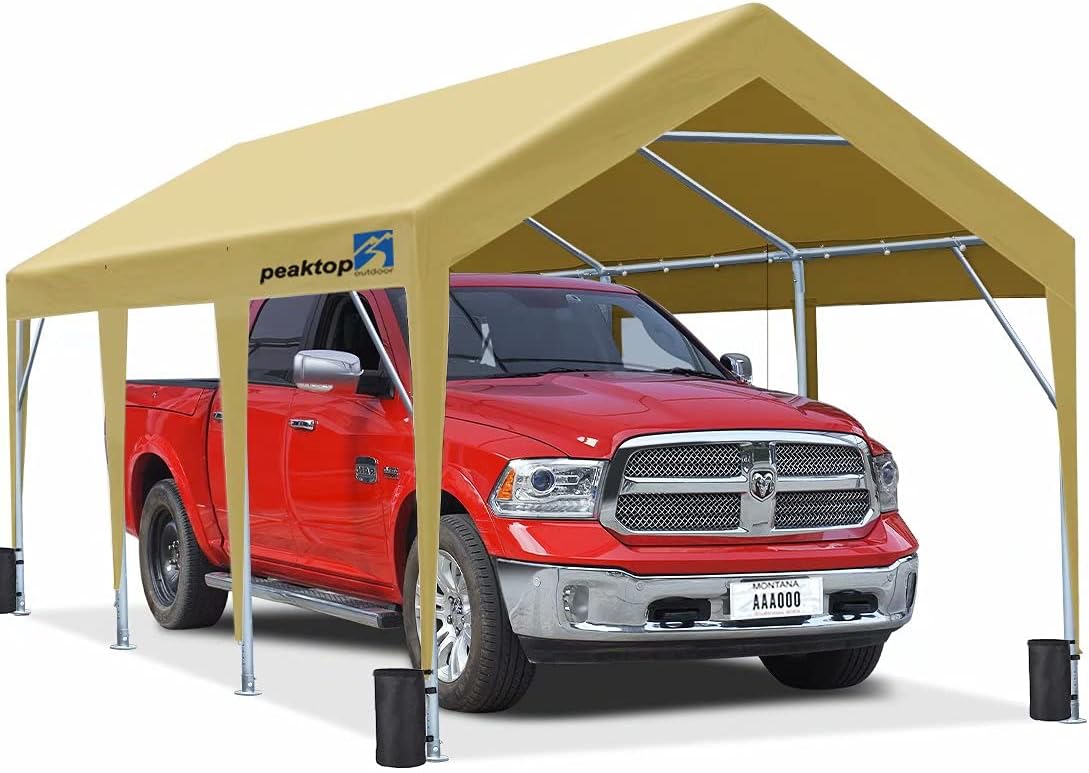 PEAKTOP OUTDOOR 12 x 20ft Upgraded Heavy Duty Carport,Portable Car Canopy,Garage Tent,Boat Shelter with Reinforced Triangular Beams and 4 Weight Bags,with Ground Bar