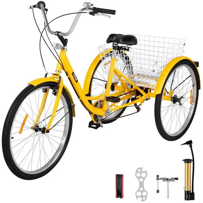 Vevor  7-Speed 3 Wheel Adult Tricycle 24 in. Yellow Trike Bicycle Bike with Large Basket for Riding - Curated Treasures Market
