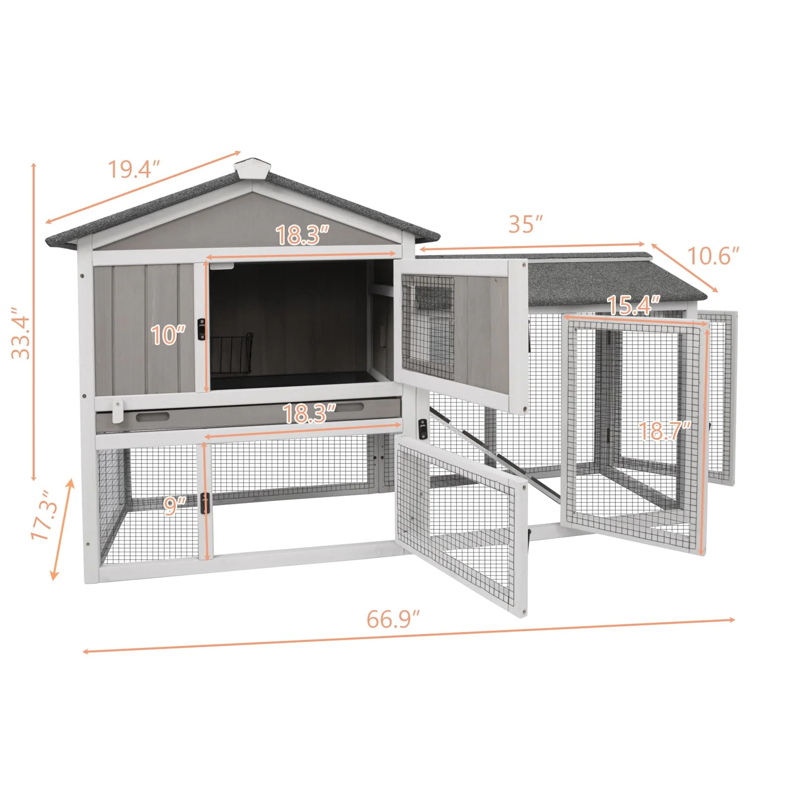 PETSCOSSET Rabbit Hutch Indoor Outdoor 66.9" L Bunny Hutch with Pull Out Tray,2 Story Wooden Rabbit Cage with Asphalt Roof,Guinea Pig Cage with Ventilation Doors,Ramp for Small Animals,Gray - Curated Treasures Market