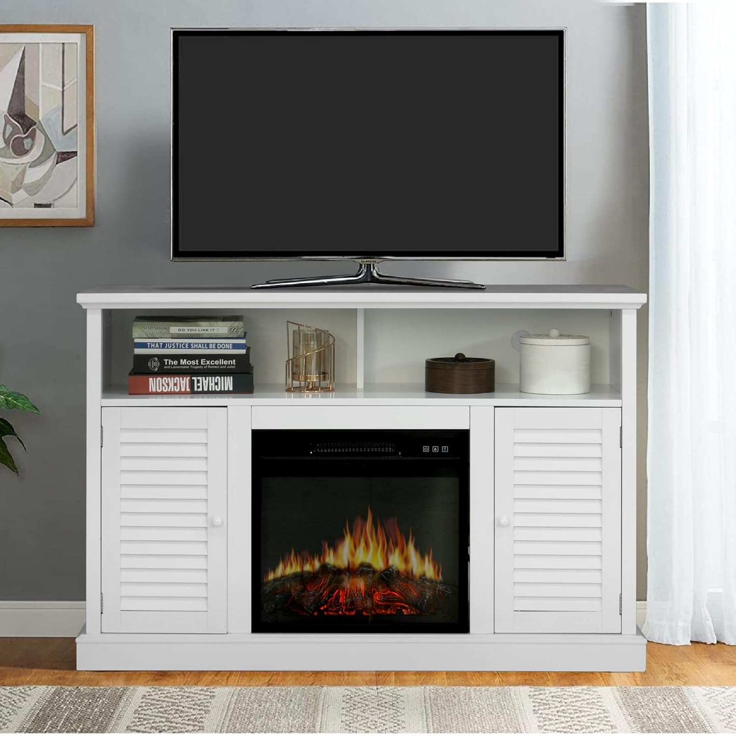 Sophia & William Farmhouse Electric Fireplace TV Stand for TV's Up to 65, Accent Decorative Barn Door Storage Cabinet Chest with 23 Insert Fireplace for Living Room Bedroom Home Office, Burlywood