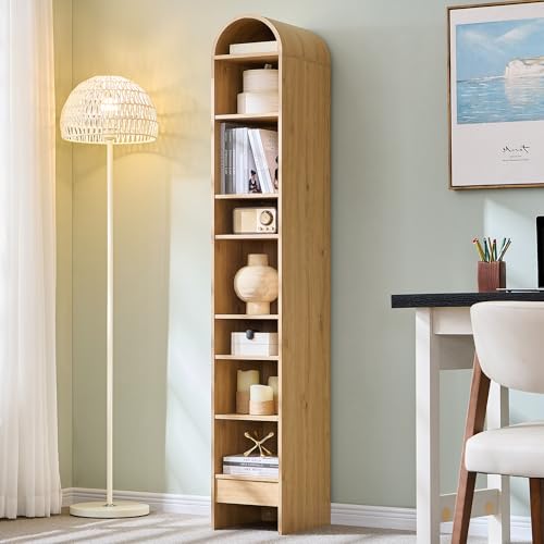71" Tall Arched Bookshelf, 7 Tiers Arch Bookcase with Storage, Modern Farmhouse Book Shelf with Adjustable Shelves, Wood Bookshelf w/Open Display Shelves for Living Room, Office (Natural)