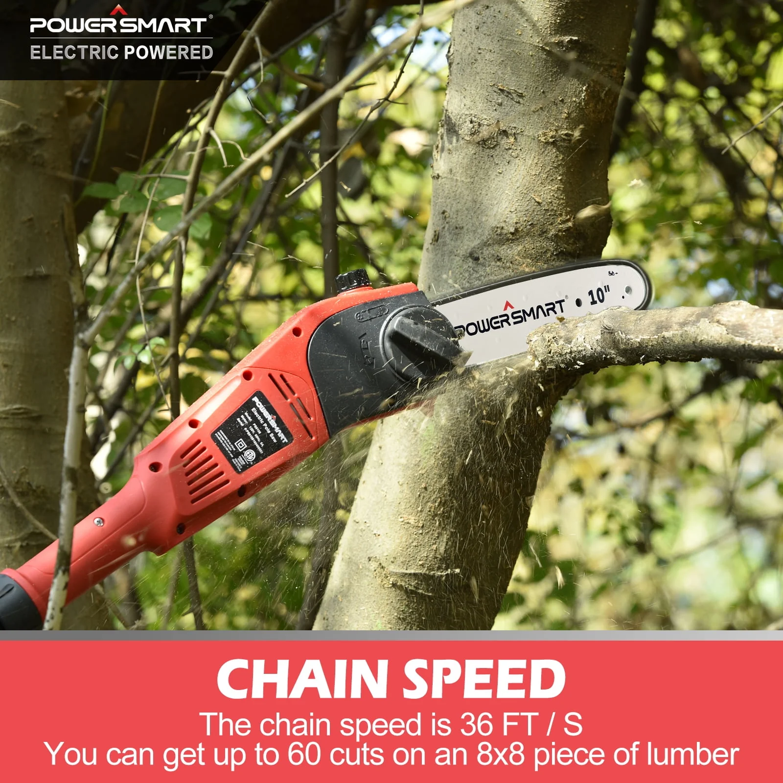 PowerSmart Corded Electric Pole Saw, for Tree Trimming with Oiling System, Reach up to 15 feet, 10-inch 7lb Pole Chainsaw
