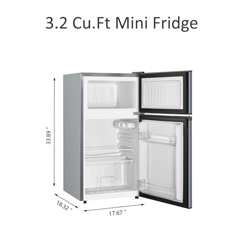 Saeoola Mini Fridge with Freezer, 3.2 Cu.Ft, 2 Doors Compact Mini Refrigerator with Separate Freezer for Dorm, Bedroom, Office, Apartment with 7-Level Temperature Control, Removable Shelves