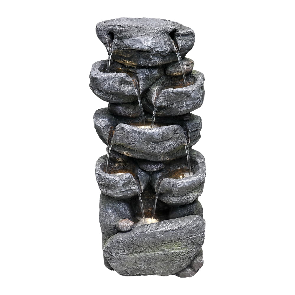 Stacked Rock Fountain with LED Lights - Outdoor Water Fountains Cascading Floor Water Feature Art Decor for Garden,Pation, Deck, Porch