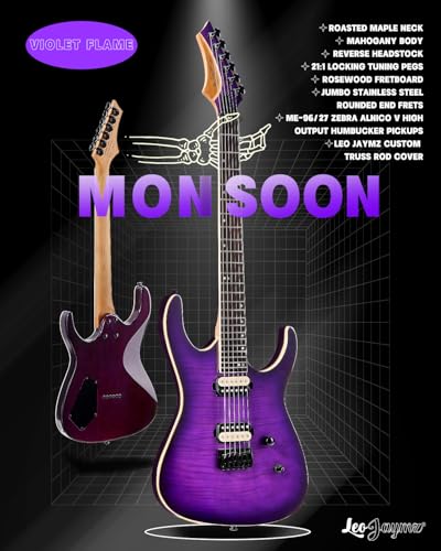 Leo Jaymz Electric Guitar Monsoon Series,Reverse Headstock,Mahogany Body,Roasted Maple Neck,Rosewood Fretboard,Locking Tuners,Rounded End Frets,AlnicoV Pickups,Fixed Bridge (Blue Flame)