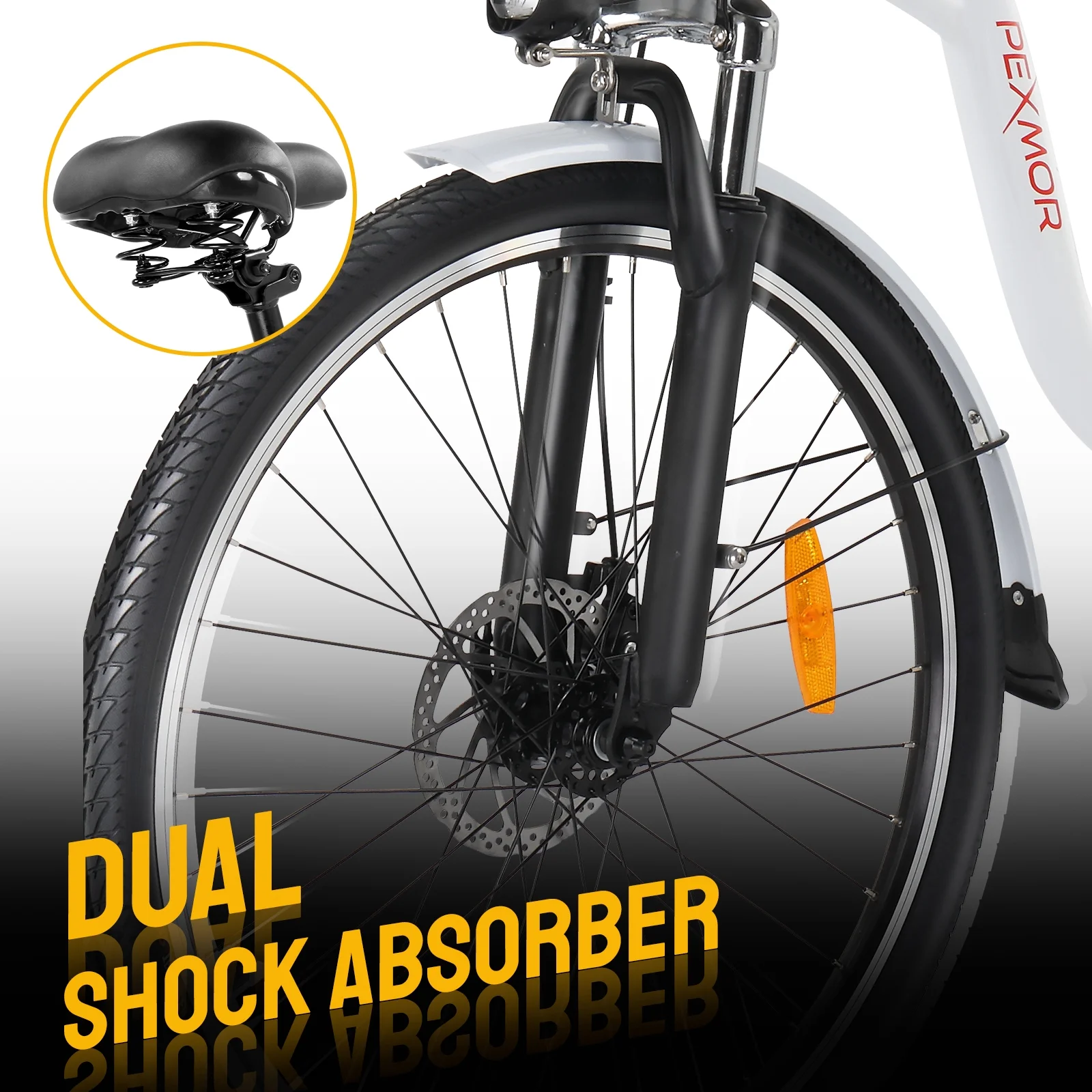PEXMOR Electric Bike for Adults, 350W Electric City Cruiser Bike  Ebike 36V 12.5AH Removable Battery, 26" Electric Commuter Bicycle Shimano 6-Speed Dual Shock Absorber w/Basket & Headlight