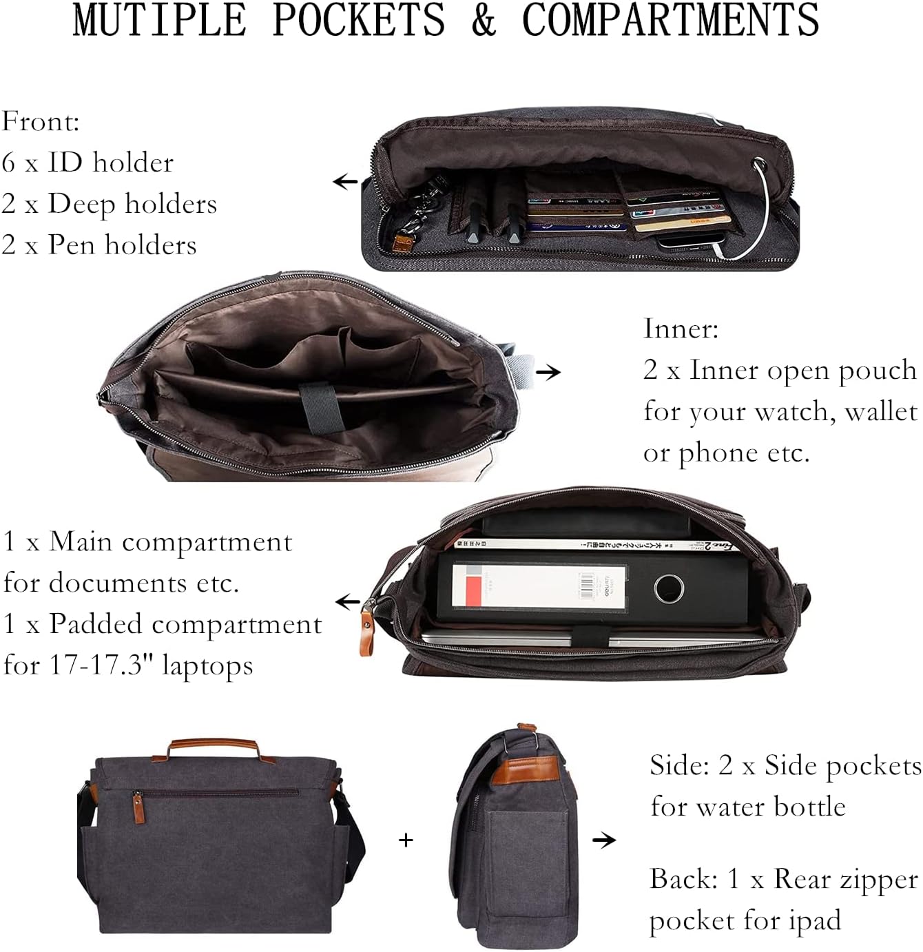 Estarer Laptop Messenger Bag 17-17.3 Inch Water-resistance Canvas Shoulder Bag for Work College