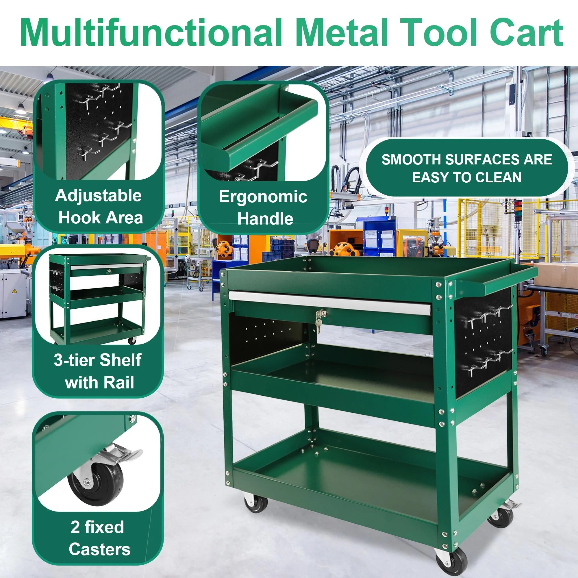 Rolling Tool Cart with Drawer, Seizeen Heavy Duty Utility Cart on Wheels, Garage Workshop Tool Organizer, 3 Tray, 1 Lockable Drawer, 6 Side Hooks