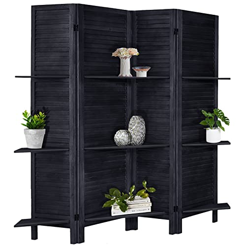 Room Divider with Shelves, Privacy Screen, Room Dividers and Folding Privacy Screens, 5 Panel Wood Temporary Wall Partition Separation Separator, Coconut