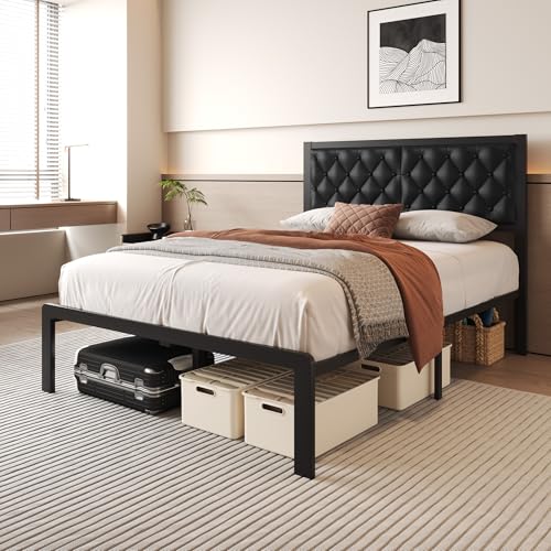 Queen Bed Frame with Headboard PU Leather Upholstered Bed Frame Platform,All Metal Slats Support Platform Bed Frame with Storage Space,Easy Assembly,Noise Free,No Box Spring Needed,Black