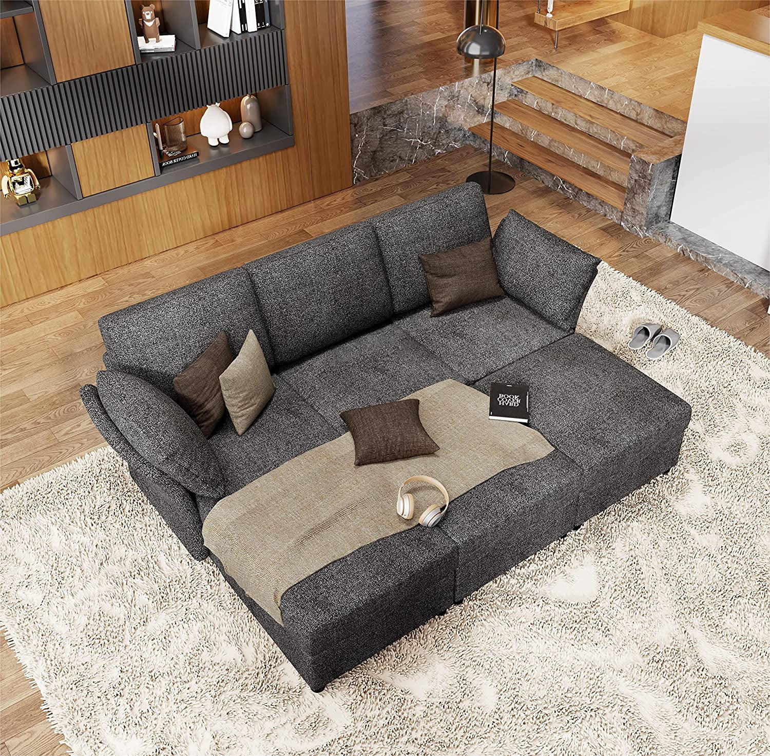 Amerlife Sectional Sofa, U-Shape Couch with Ottomans, 6 Seat Sofa Couch for Living Room, Dark Grey