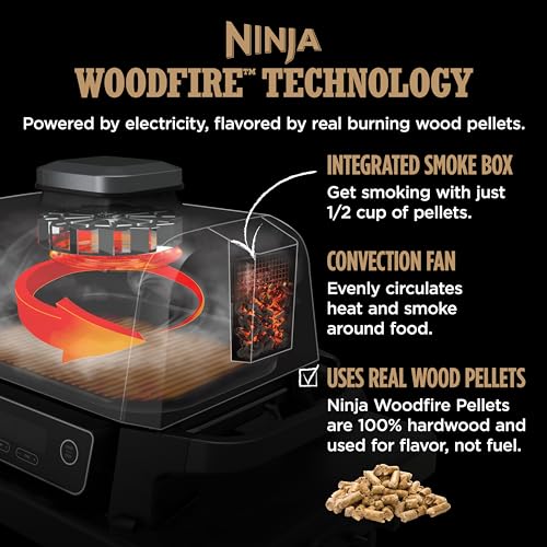 Ninja OG951 Woodfire Pro Connect Premium XL Outdoor Grill & Smoker, Bluetooth, App Enabled, 7-in-1 Master Grill, BBQ Smoker, Outdoor Air Fryer, Woodfire Technology, 2 Built-In Thermometers, Black