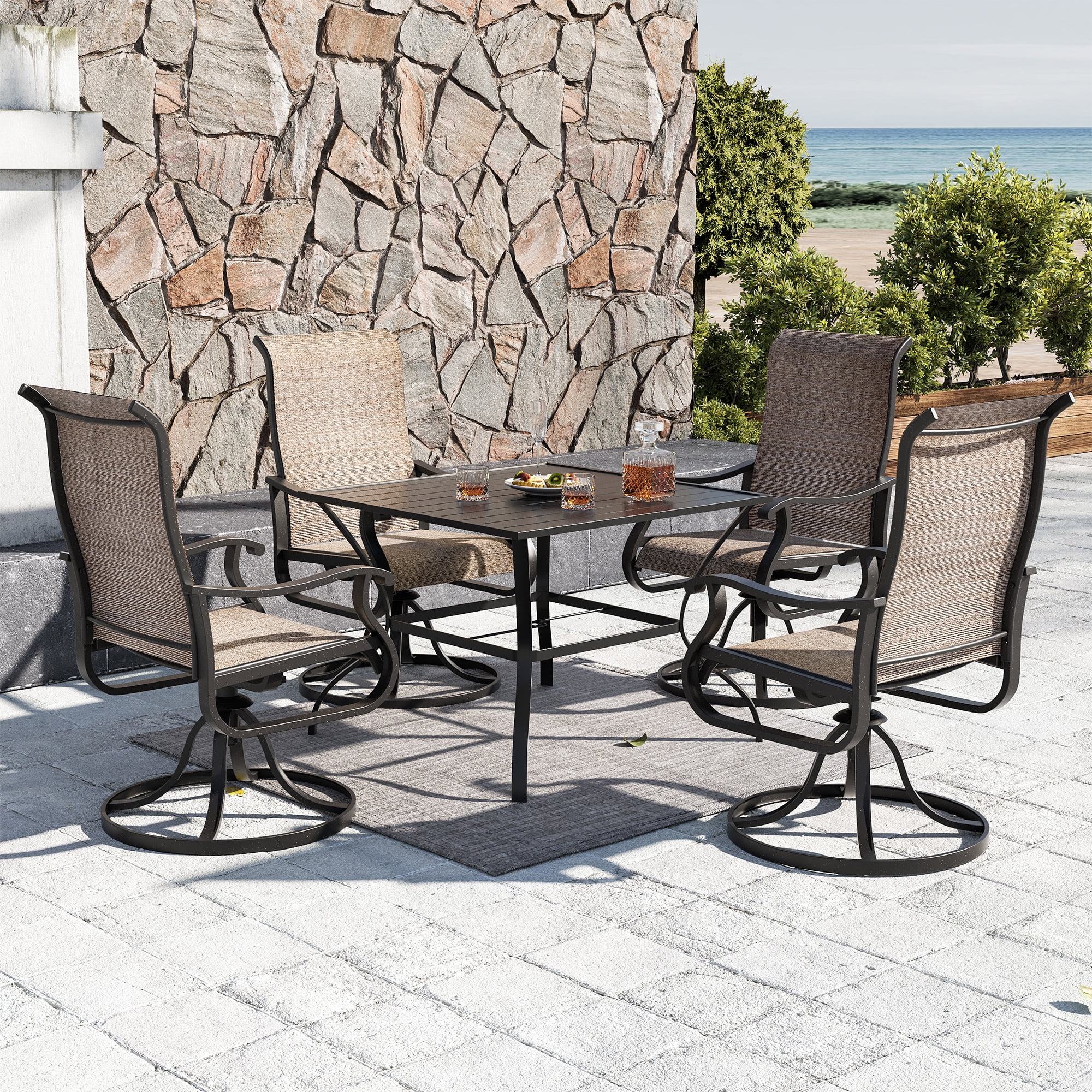 ELPOSUN Patio Swivel Chairs Set of 2, Outdoor Dining Chairs High Back All Weather Breathable Textilene Outdoor Swivel Chairs with Metal Rocking Frame for Lawn Garden Backyard Deck, Khaki
