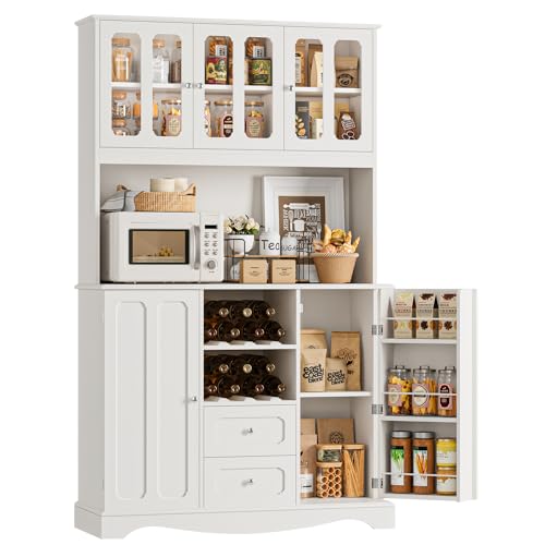 HORSTORS 70" Tall Pantry Cabinet, Kitchen Hutch with Microwave Stand, Modern Kitchen Storage Cabinet with 2 Drawers, Food Pantry with Wine Rack for Dining Room, Living Room, White