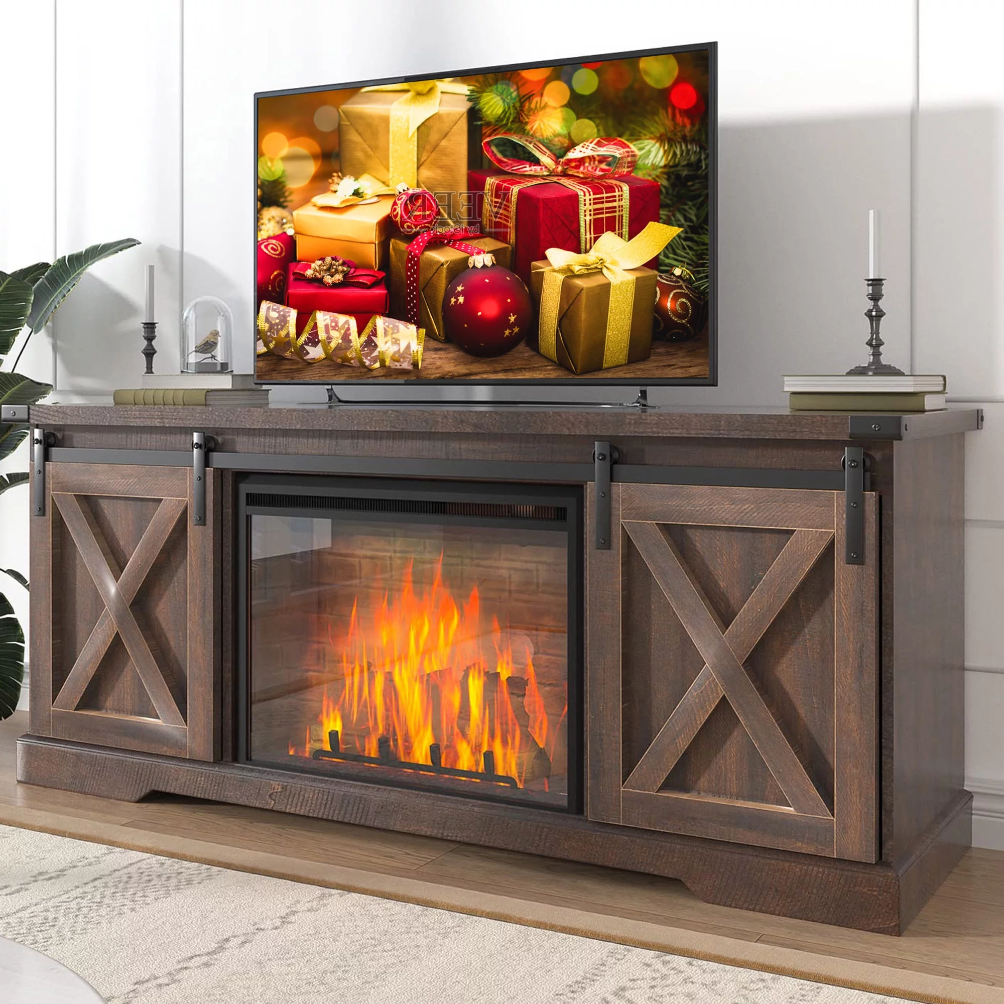 Chvans Farmhouse Barn Door TV Stand for up to 65 TVs /23 Electric Fireplace, Entertainment Center Console Table with Adjustable Shevles(58)