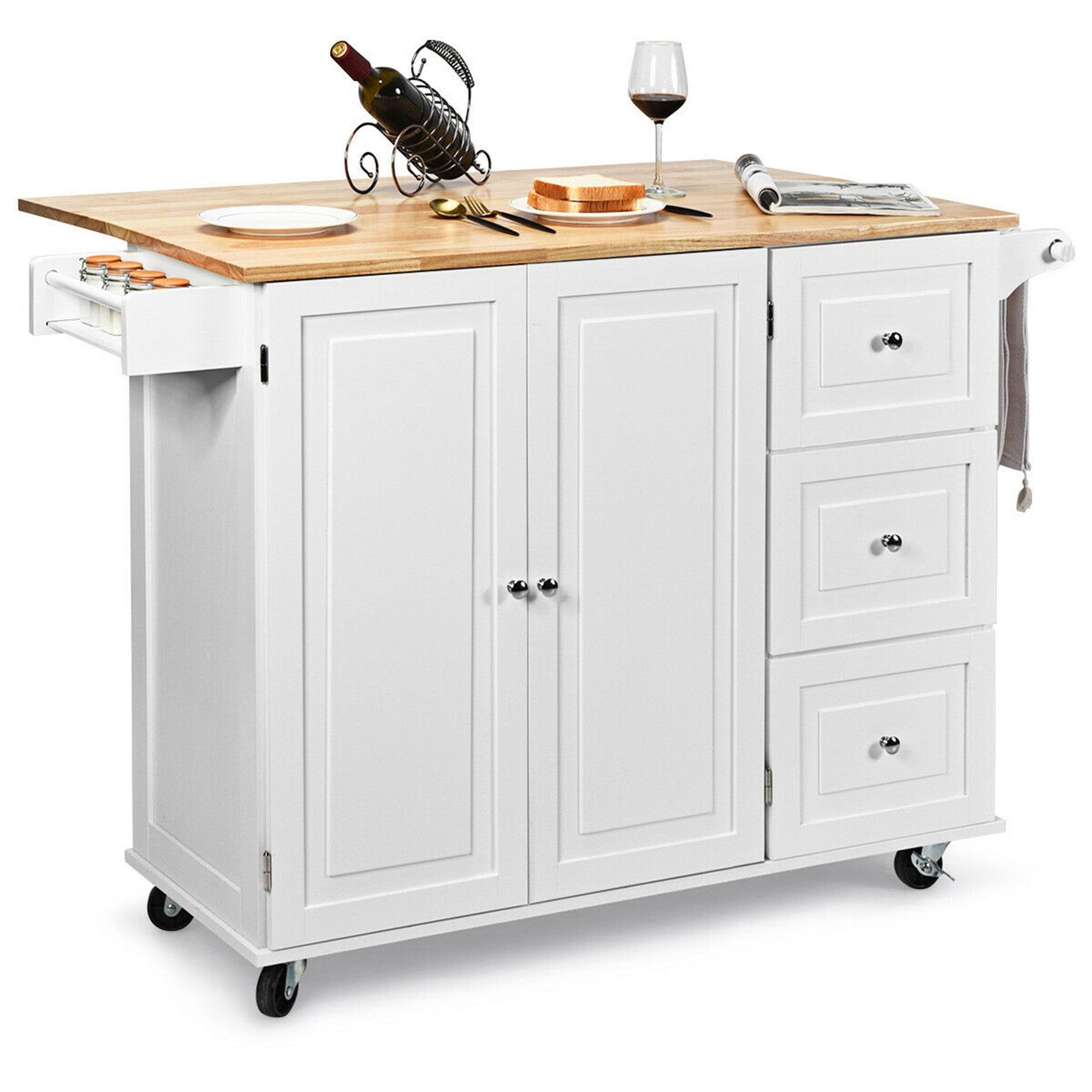 Gymax Drop-Leaf Kitchen Island Trolley Cart Wood Storage Cabinet w/ - See Details - Kitchen Cart - White