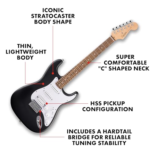 Fender Squier Debut Series Stratocaster HT HSS Electric Guitar, Beginner Guitar, 2-Year Warranty, Includes Free Lessons, Black with Satin Urethane Finish