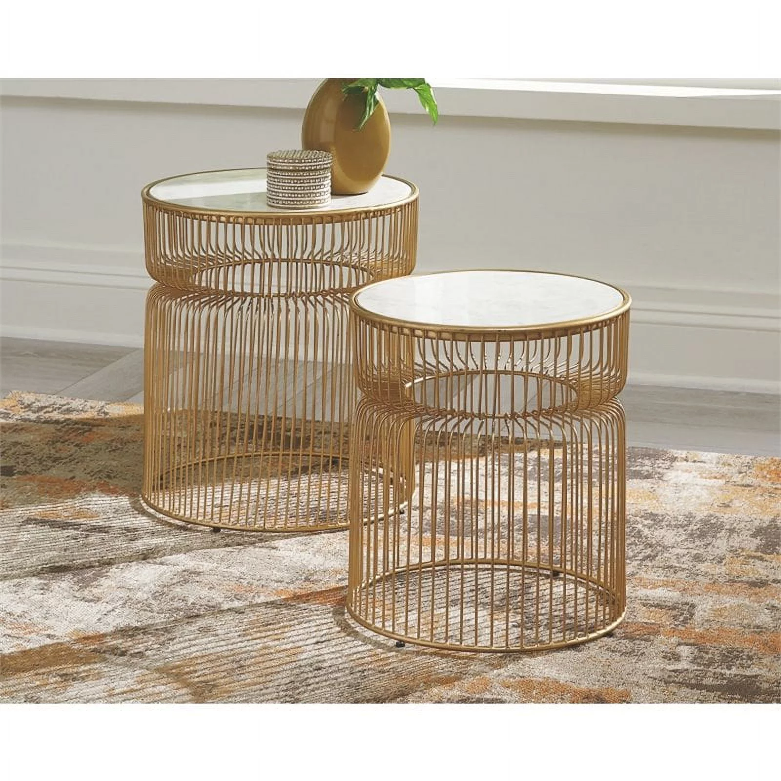 Bowery Hill Contemporary Marble 2 Piece Accent Table Set in White and Gold