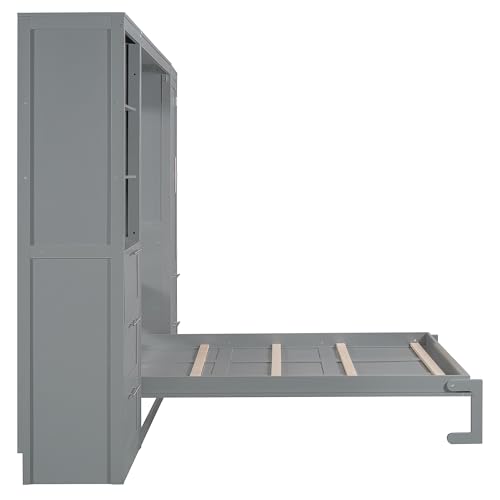 Merax Murphy Bed Queen Size, Built-in Shelves, Storage Drawers and Wardrobe, Wood Folding Wall Bedframe for Guest Room, Home Office, Grey