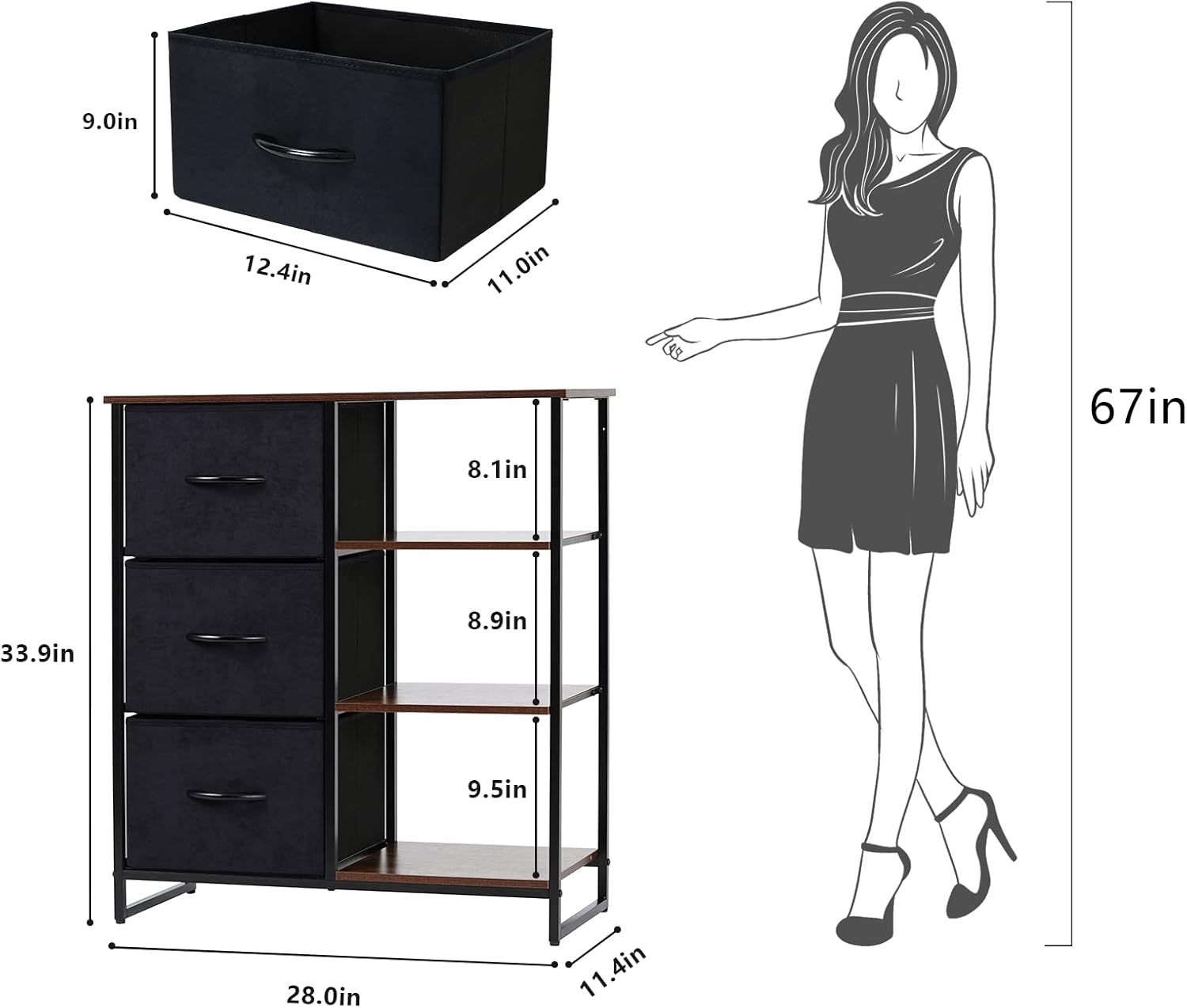 LYNCOHOME Dresser with 3 Drawers and Shelves, Storage Cabinet, Office Lateral File Cabinets, Shlef Storage Organizer for Bedroom, Livingroom, Office(Left Shelf)