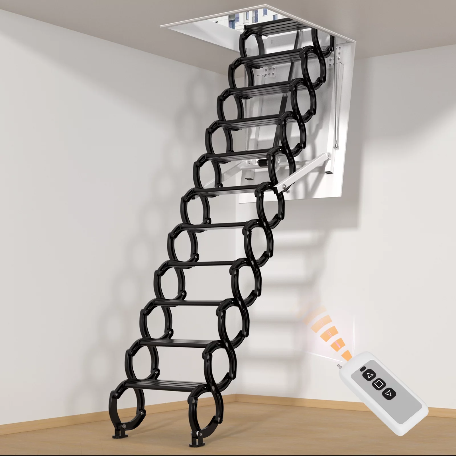 TOPTENG 11 Steps Electric Ceiling Ladder electirc Attic Wall Ladder  Stairs Aluminum Folding Ladder Pull Down 9.5ft Ladder with Remote for loft Home