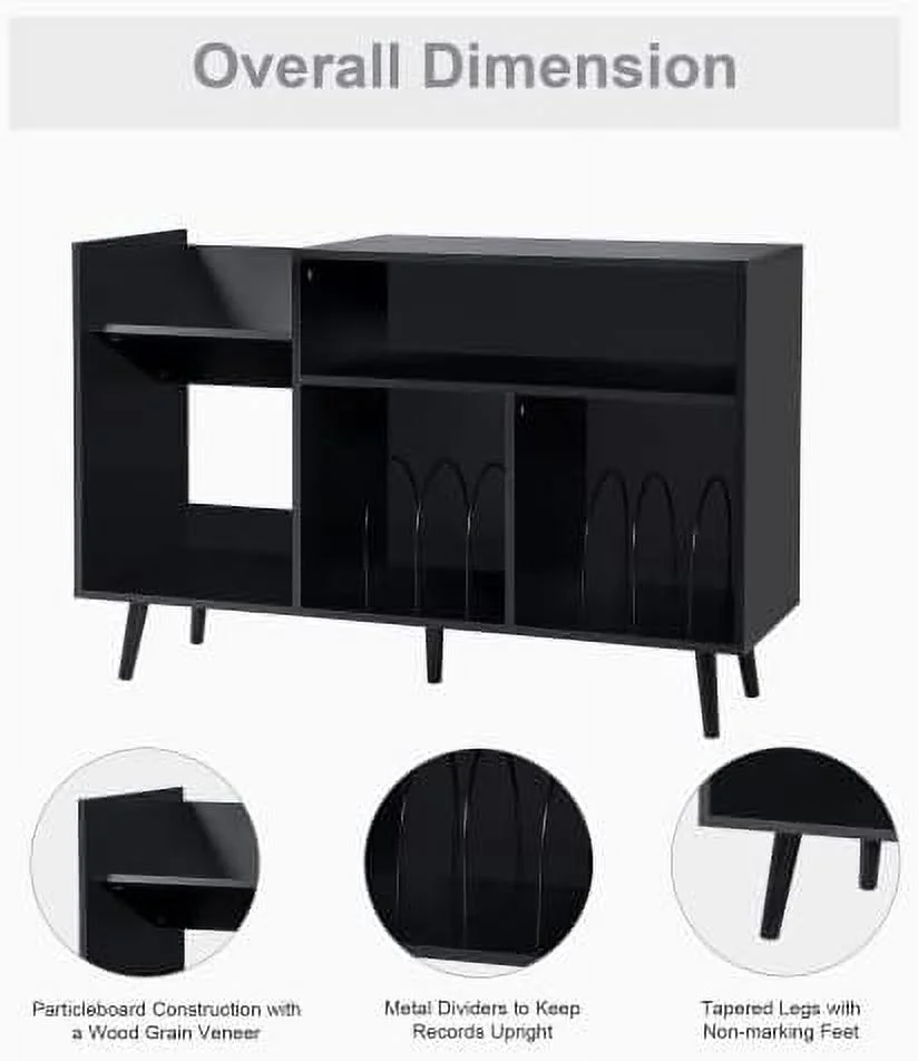 TJUNBOLIFE Record Player Stand  Mid-Century Modern Vinyl Record  Cabinet Table with Wood Legs  Turntable Stand Record Holder Holds Up to 300 Albums for Living Room  Bedroom (Black)