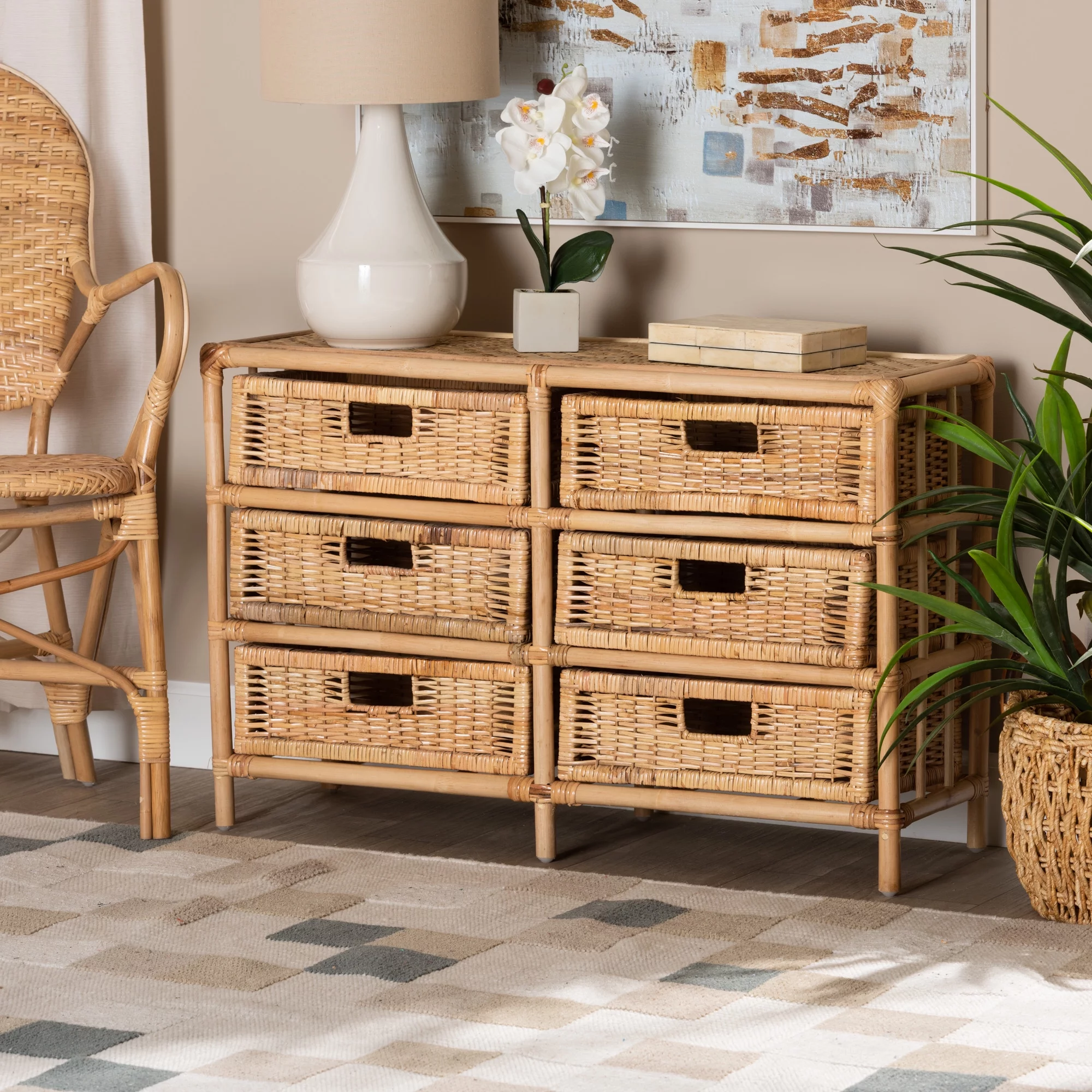 bali & pari Dariana Modern Bohemian Natural Brown Rattan 6-Drawer Storage Cabinet