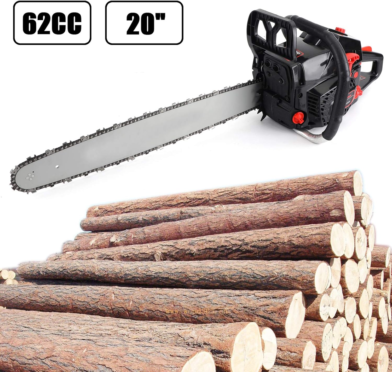Topteng Gas Chainsaw 20 Inch, 62cc Bar Powered Engine 2 Cycle Gasoline Chainsaw Cutting Wood Gas Sawing Aluminum Crankcase Chain Saw