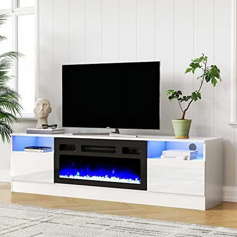 TJUNBOLIFE Fireplace TV Stand for 75 inch TV  LED TV Entertainment Center with 30" Electric Fireplace  High Gloss Modern Television Stand  White