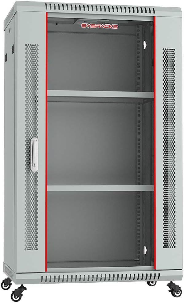Sysracks 18U Wall Mount Gray IT Network Av Data Server Rack Cabinet Enclosure 24 Inch Depth - 2 Shelves - 8-Way PDU - Fan - Casters - Hardware