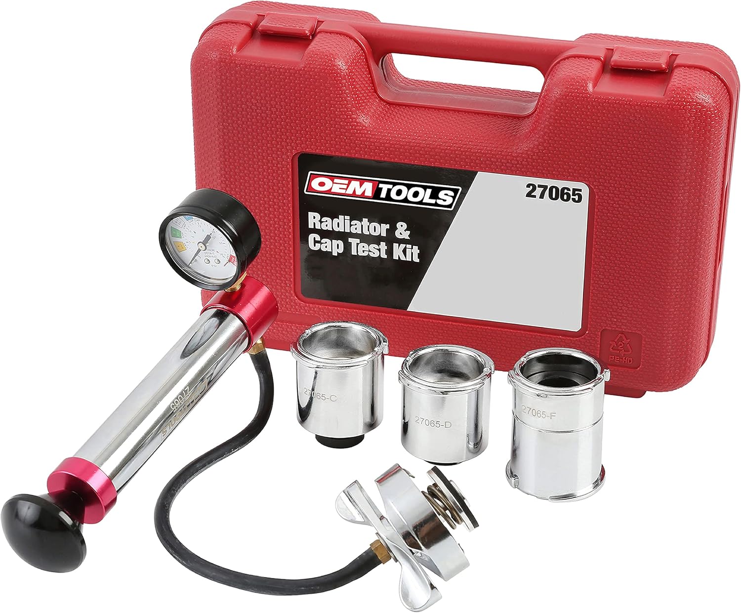 OEMTOOLS 27065 Radiator and Cap Test Kit, Pressure Tester for Coolant System, Tests Pressure Caps and Coolant Systems for Leaks, Works with Many Coolant Systems