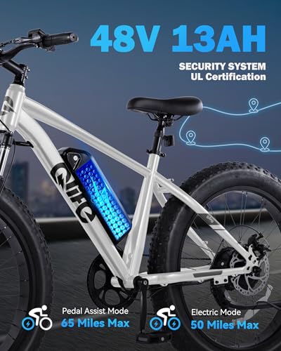 Racer Plus Adult Electric Bicycle, Peak 1000W Motor Electric Bike for Adults, Up to 28MPH 65Miles, 26x4.0 Fat Tire Electric Mountain Bike with 48V 13AH Battery, 7 Speed Front Suspension E Bike