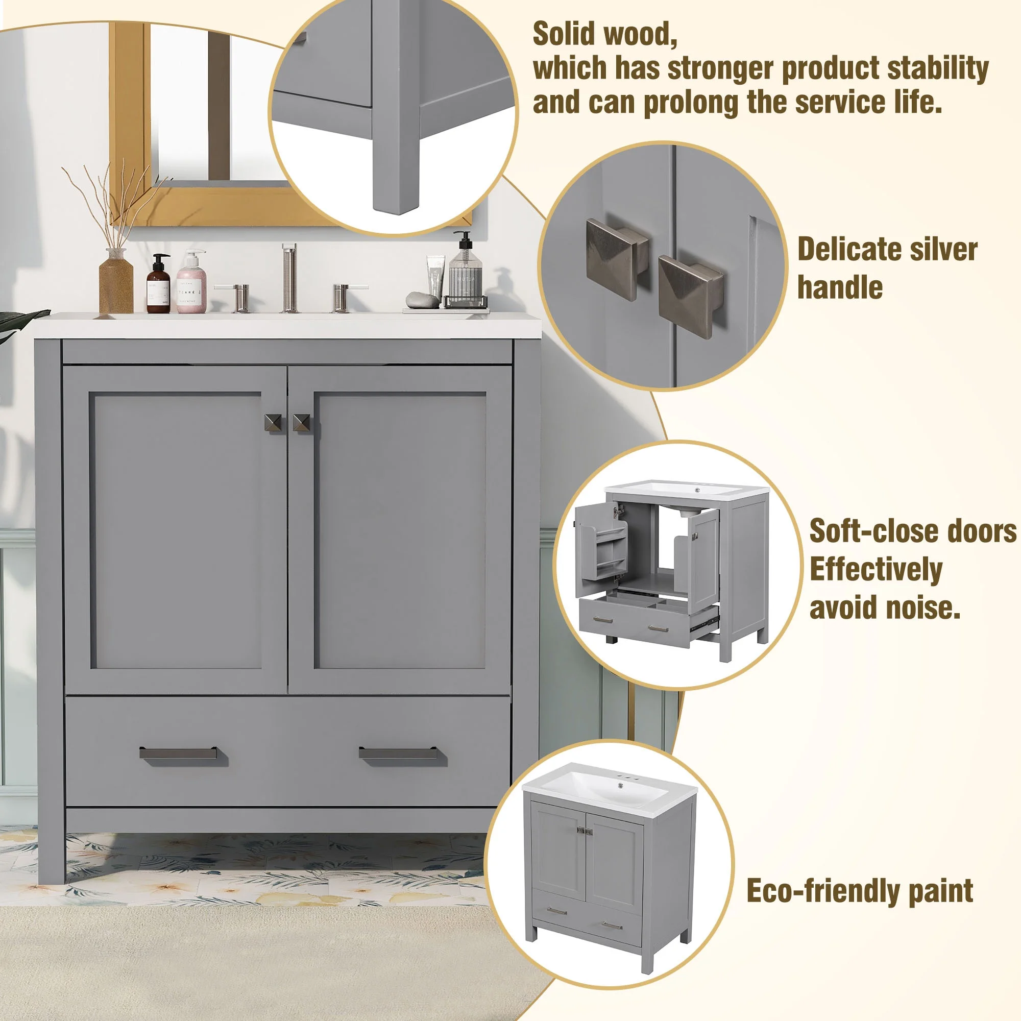 EUROCO 30" Modern Bathroom Vanity Cabinet Solid Wood with Top Basin,Bathroom Storage Cabinet with Soft Closing,1 Drawer,2 Doors