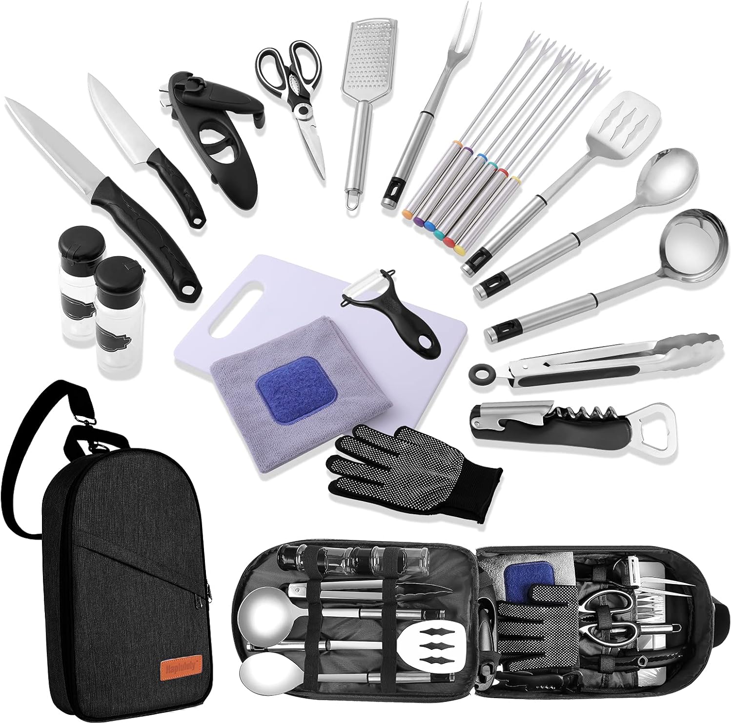 Haplululy Camping Kitchen Equipment Camping Cooking Utensils Set Portable Picnic Cookware Bag Campfire Barbecue Appliances Essential Gadgets and Accessories Suitable for Tent Campers, Outdoor Picnic