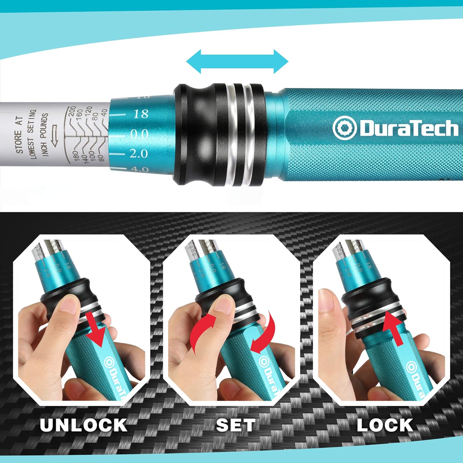 DURATECH 1/2-Inch Drive Click Torque Wrench, 30-160 Ft-lb, with Socket Adapter, Extensions Bar, Storage Case Included