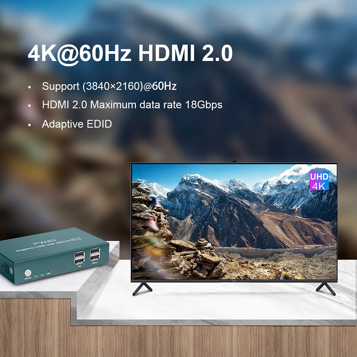 KVM Switch HDMI 2 Port, 4K@60Hz with 2 USB 2.0 Hub and Hotkey Switch Supported, USB HDMI Switch for 2 Computers Share Keyboard Mouse and one HD Monitor, with 2 HDMI and 2 USB Cables