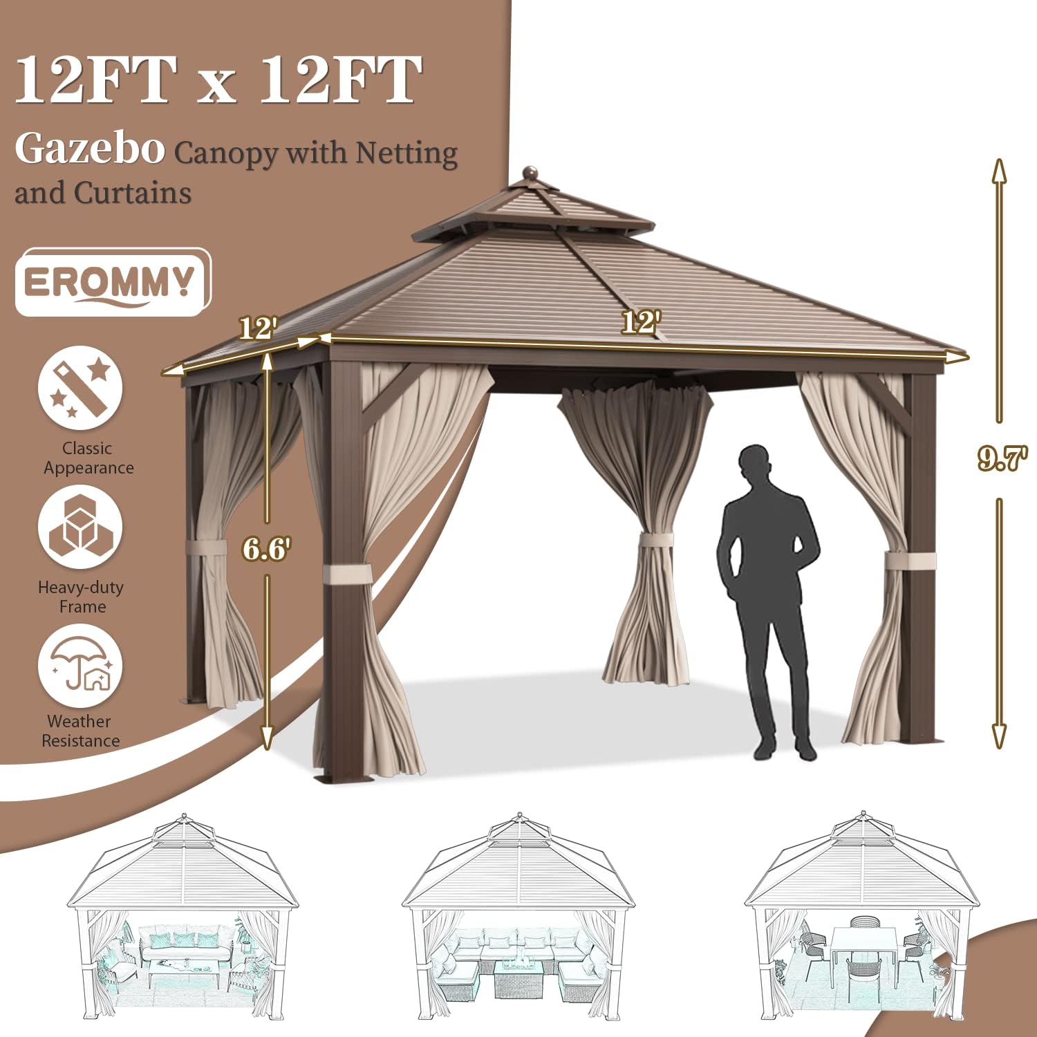 EROMMY Hardtop Gazebo Galvanized Steel Outdoor Gazebo Canopy Double Vented Roof Pergolas Aluminum Frame with Netting and Curtains for Garden,Patio,Lawns,Parties (10'x 13')