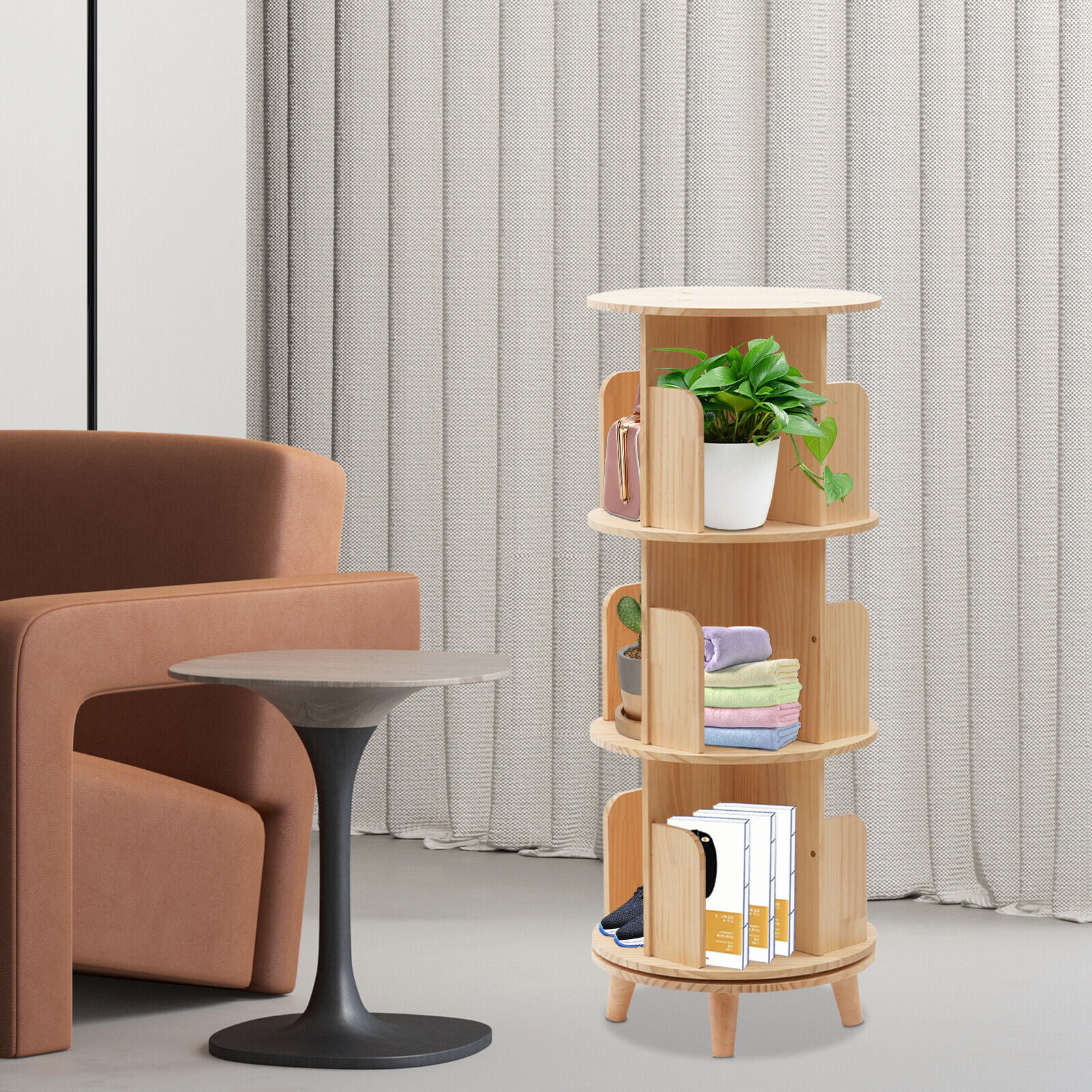 3 Tiers 360° Rotating Bookshelf Wood Bookcase Storage Shelf Freestanding Display Rack - Curated Treasures Market