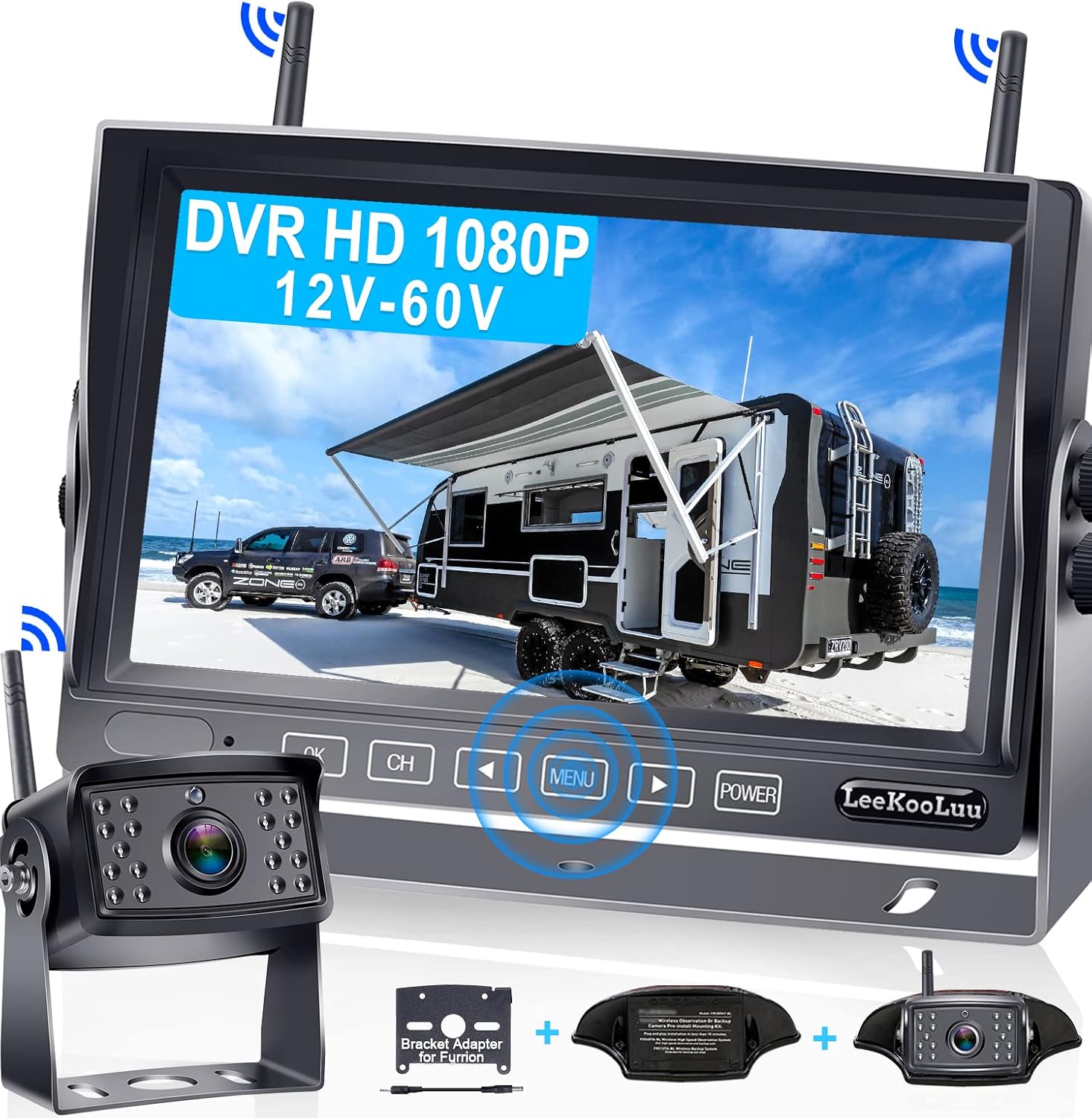 Wireless Backup Camera RV HD 1080P 7 Inch Monitor Recorder DVR Split Screen Four Channels Waterproof Night Vision Rear View System LeeKooLuu LK5