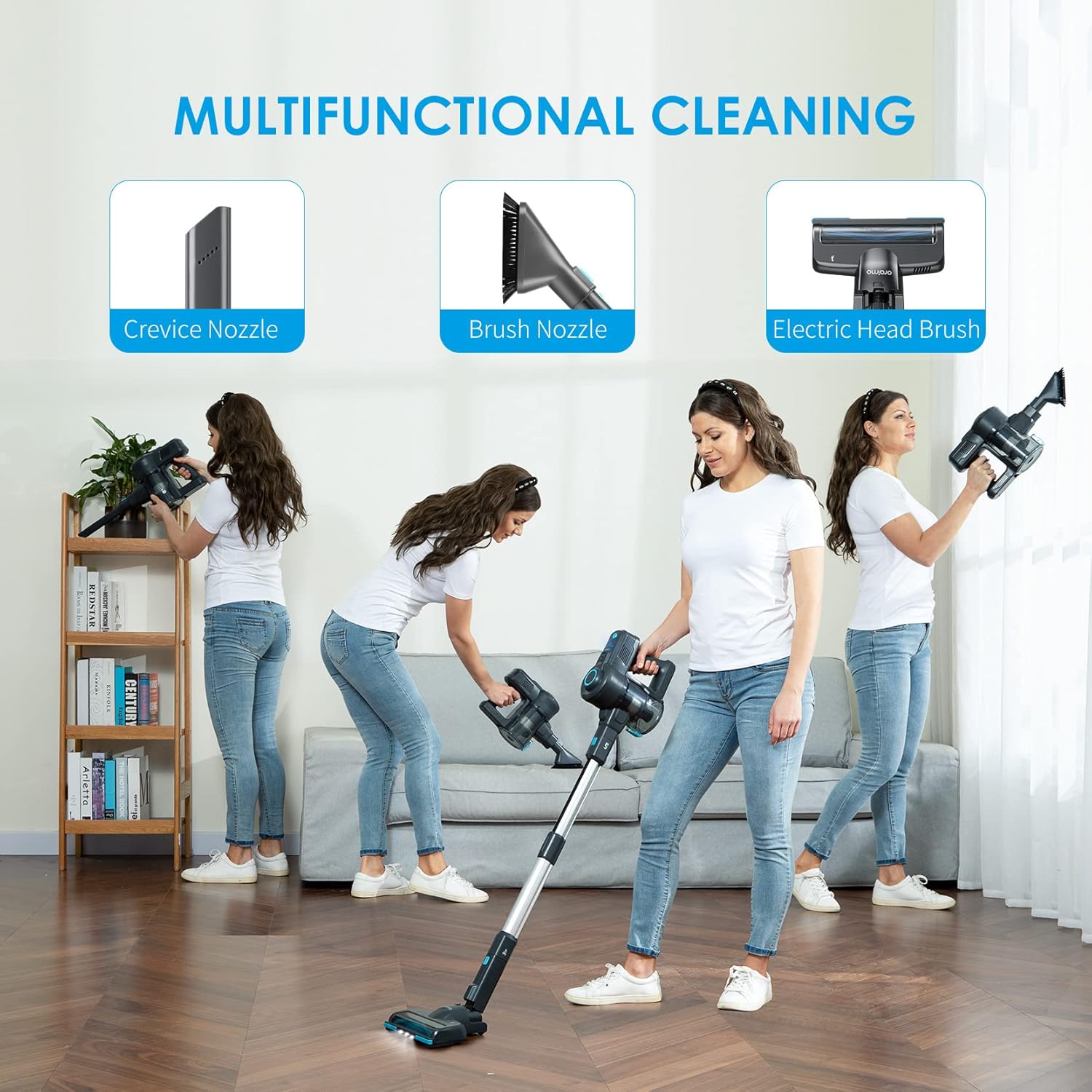 Oraimo Stick Vacuum, Cordless Vacuum Cleaner with Self-Standing, Cordless Stick Vacuum with 35 Mins Runtime Detachable Battery, 4 in 1 Lightweight Vacuum with LED for Hardwood Floor Carpet Marble Tile