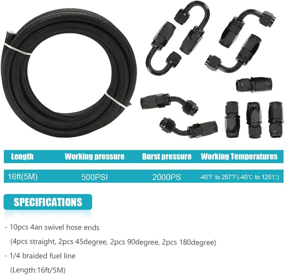 10FT 6 AN 3/8" Nylon Stainless Steel Braided PTFE E85 Tube Fuel Line Fittings Kit with 6PCS Swivel Fuel Hose Fitting Adapters Pack of 2