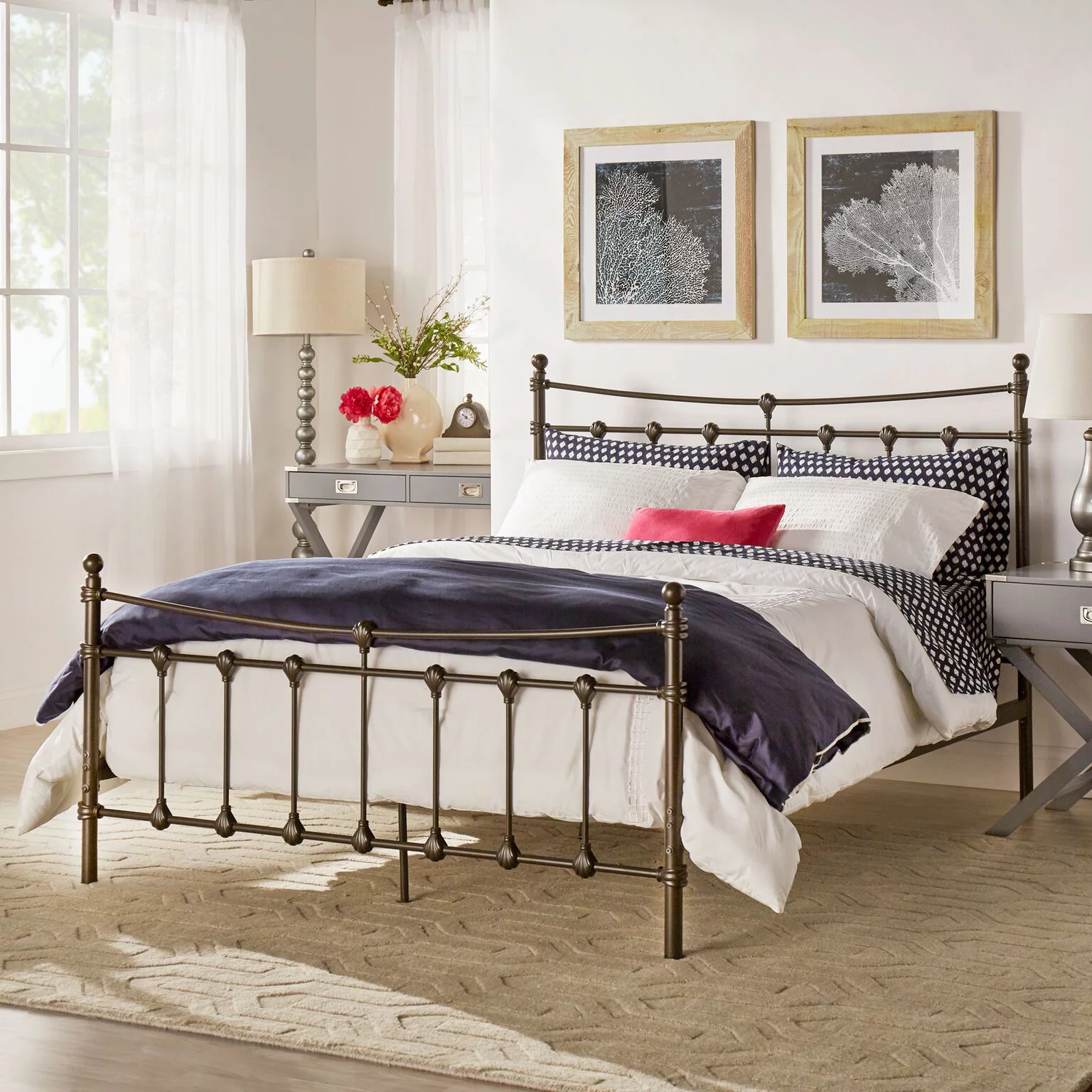 Weston Home Ossett Antique Brown Shell Motif Metal King Bed