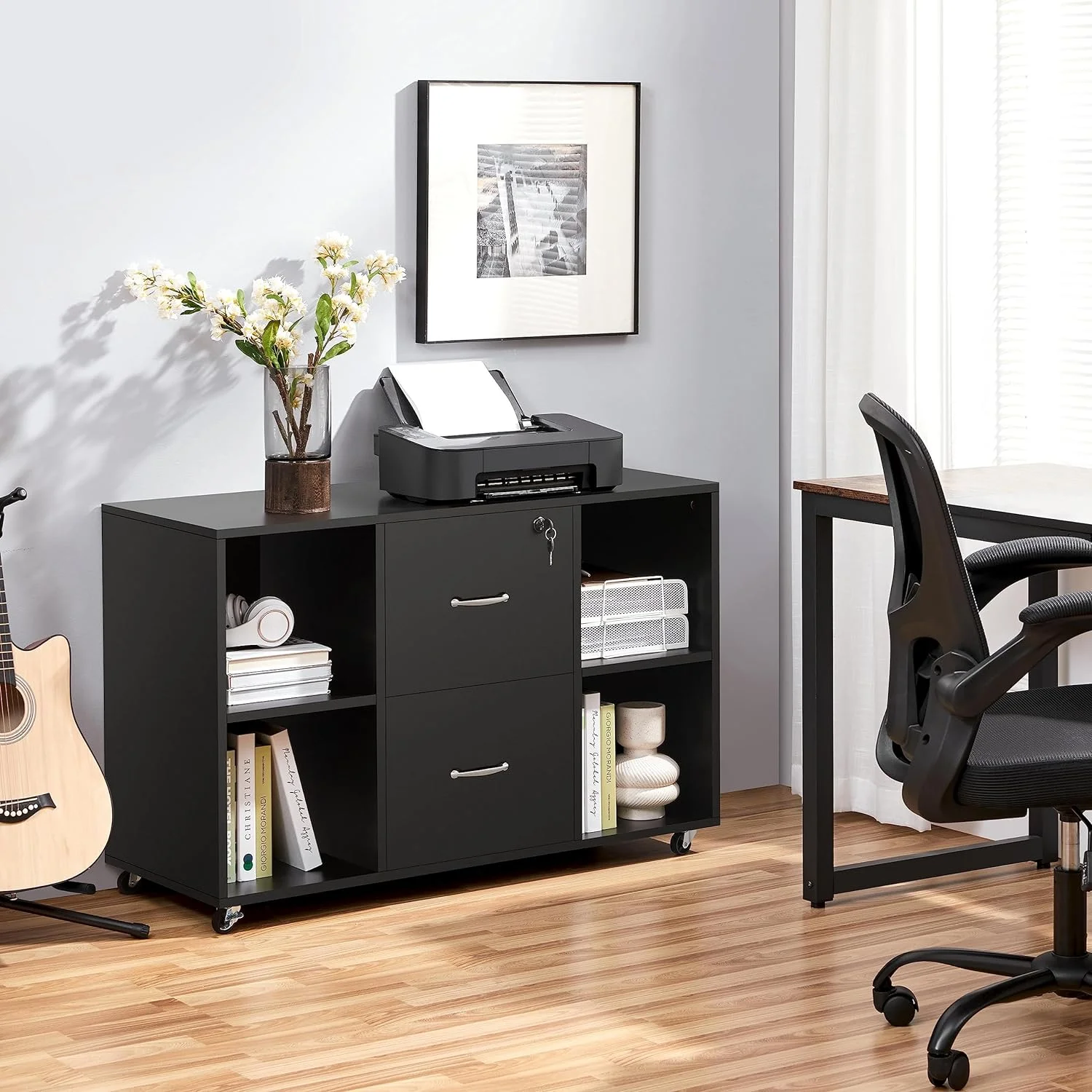 Black Filing Cabinet Large Mobile Storage Lateral Filing Cabinet with 2 Drawer and 4 Open Compartments,for Letter Size A4 Size, Printer Stand for Home Office, Black - Curated Treasures Market
