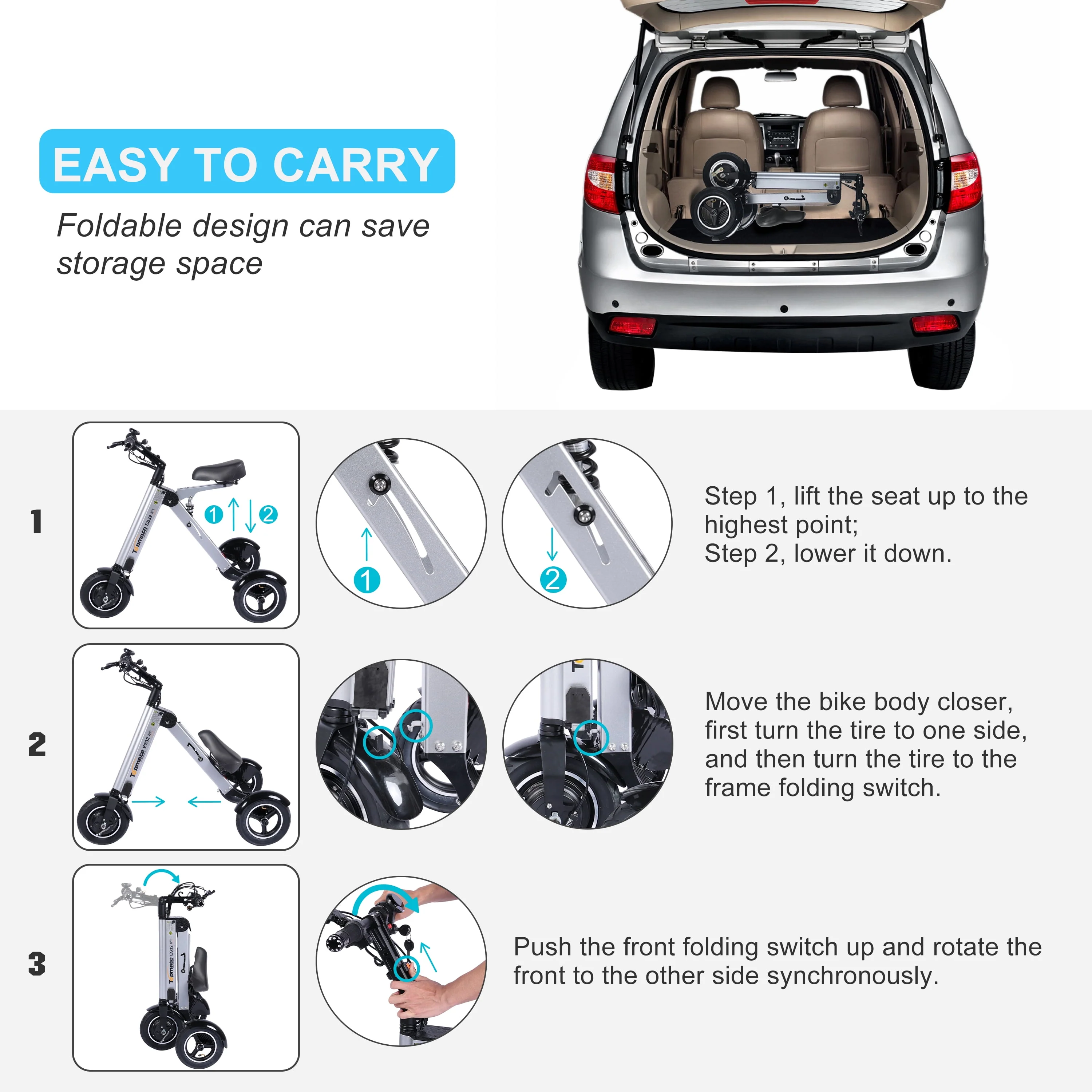 Topmate ES32 Electric Scooter Mini Tricycle for Adult, Foldable 3 Wheel Mobility Scooter with Reverse Function, Key Switch and LED Display Electric Trike for Travel Outdoor