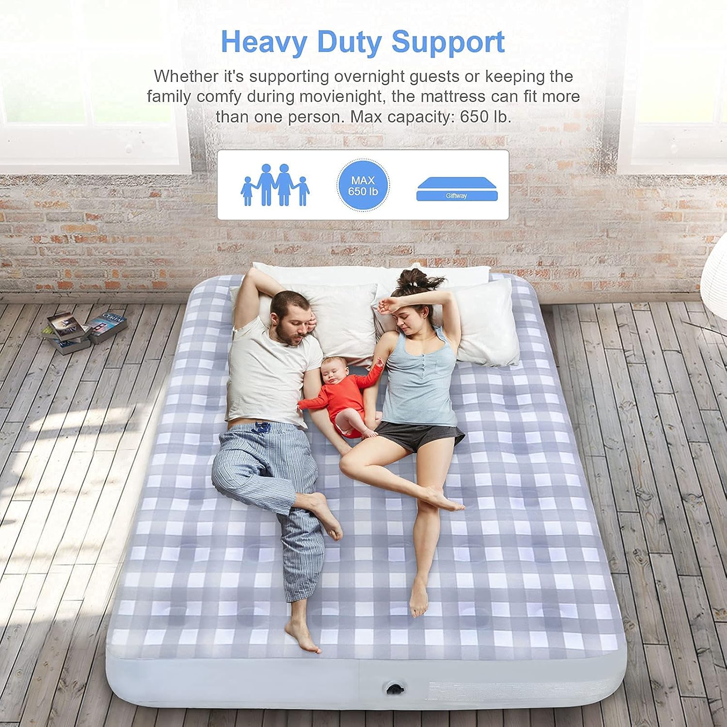 Giftway Queen Air Mattress Air Bed - Upgraded Inflatable Air Mattresses with Flocked Top Waterproof Cover Repair Kit -Foldable Blow Up Bed for Camping/Home/Guest/Travel - Housewarming Gifts for Family
