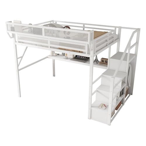 Full Size Loft Bed with Stairs and Storage, Metal Loft Bed Frame with Bedside Shelf and Large Under-Bed Space, Heavy-Duty Bed for Adults Teens and Kids, Black