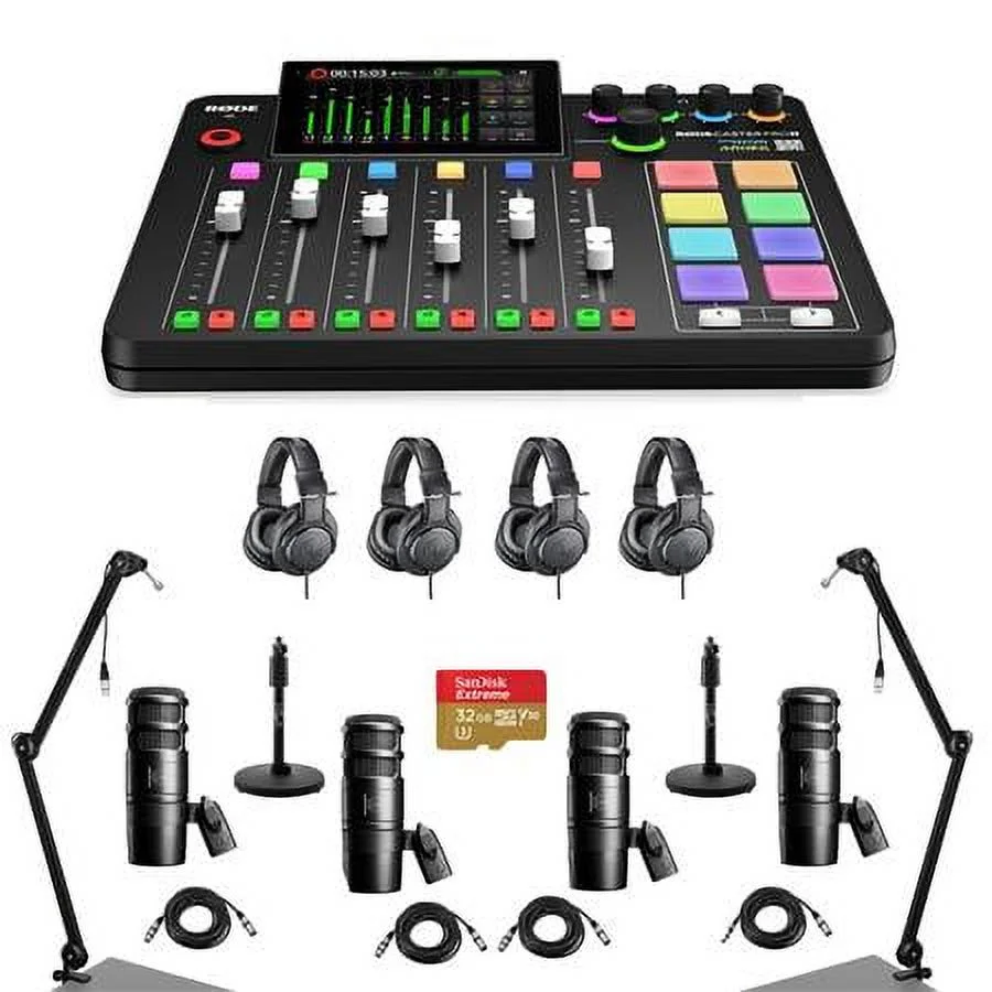 RODECaster Pro II Integrated Audio Production Studio Console Bundle with 4x AT2040 Mic, 4x ATH-M20x Headphones, 2x Broadcast Arm, 2x Mic Stand, 4x M to F XLR Cable, 32GB microSD Card - Curated Treasures Market