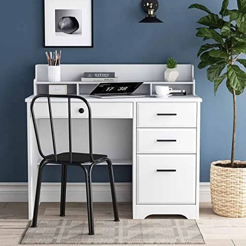 KHBIULIFE Computer Desk with Drawers and Hutch   Farmhouse Home Office Desk with  Drawers  PC Laptop Workstation Wood Computer Table Writing Study Desk Wooden Desk for Home Office Bedroom