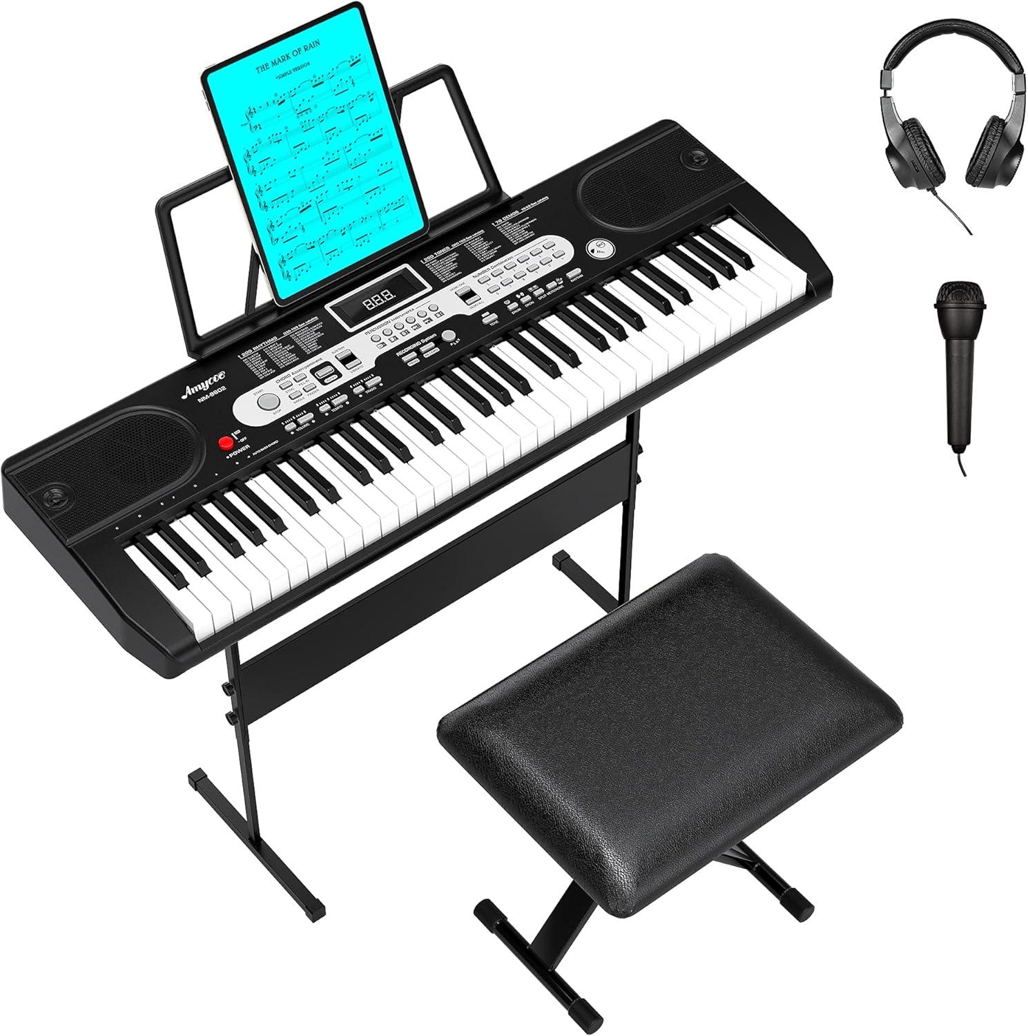 61-Key Electric Keyboard Piano, Amyove Portable Piano Keyboards for Beginners with LCD Display, Headphones, Microphone, Power Supply, Sheet Music Stand, Bench & Stand